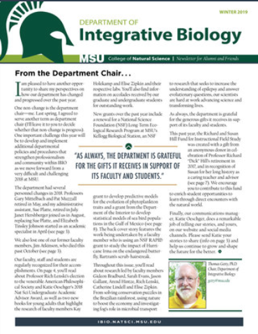 Cover of the 2019 Department of Integrative Biology Alumni and Friends Newsletter