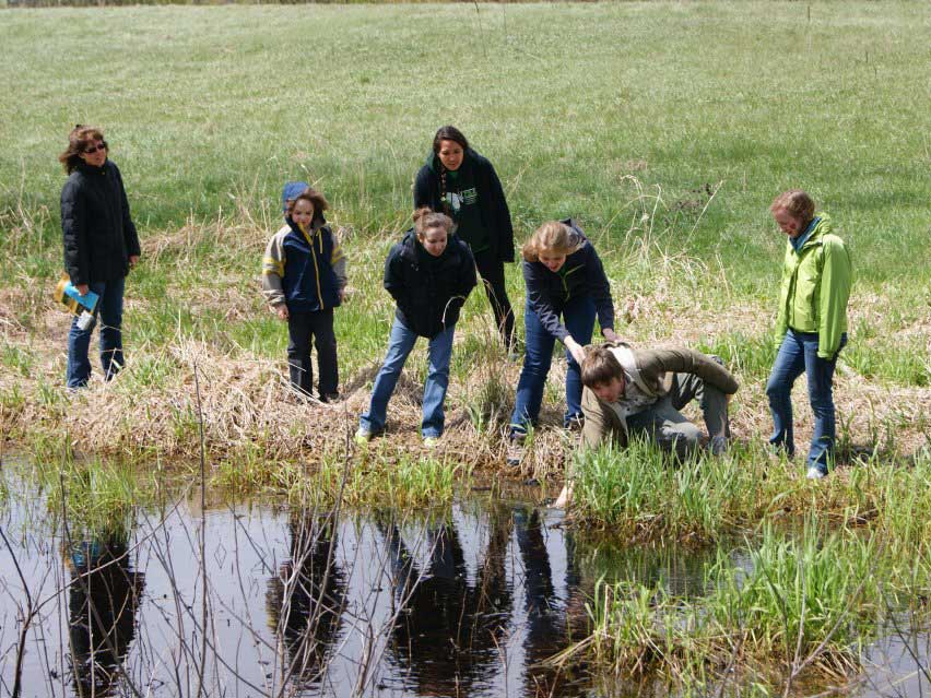 Members of the Herpetology Club looking for herps at the edge of a body of water